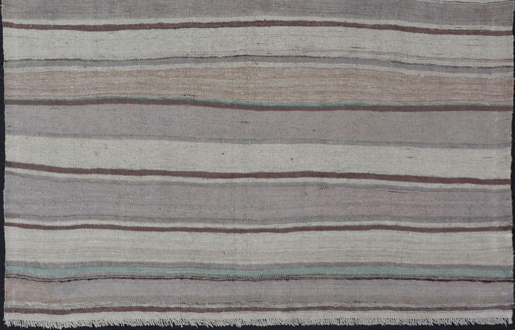 Hand-Woven Square Turkish Vintage Flat-Weave in Brown, Lavender, and Cream Stripe Design