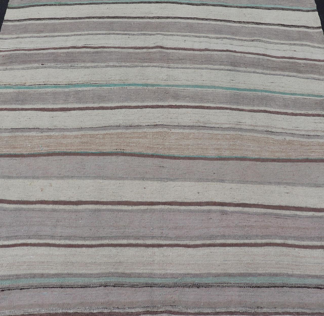 Square Turkish Vintage Flat-Weave in Brown, Lavender, and Cream Stripe Design In Good Condition In Atlanta, GA