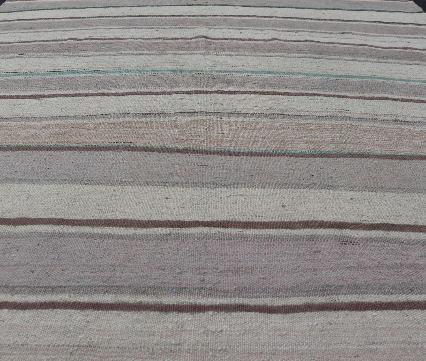 20th Century Square Turkish Vintage Flat-Weave in Brown, Lavender, and Cream Stripe Design