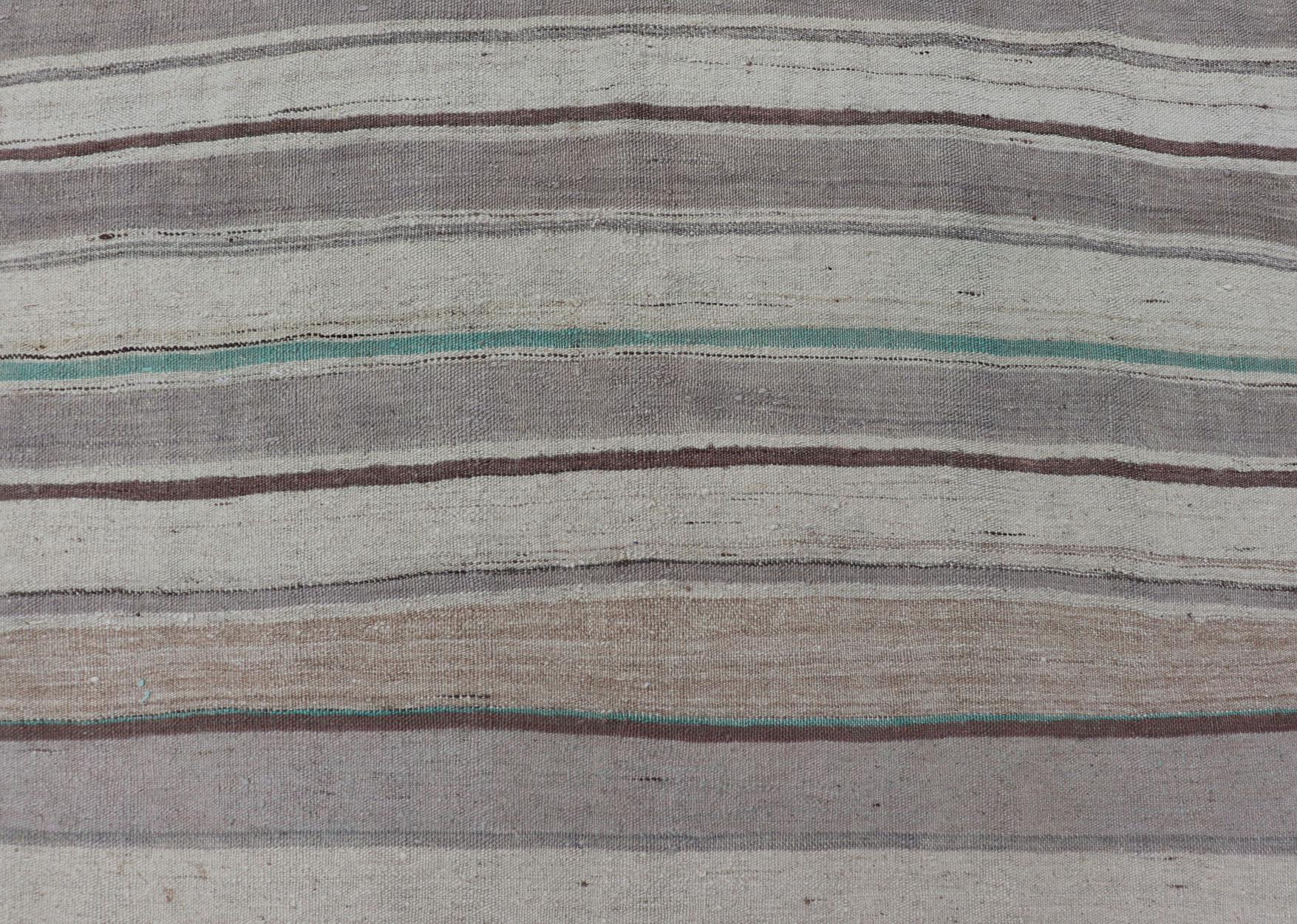 Wool Square Turkish Vintage Flat-Weave in Brown, Lavender, and Cream Stripe Design