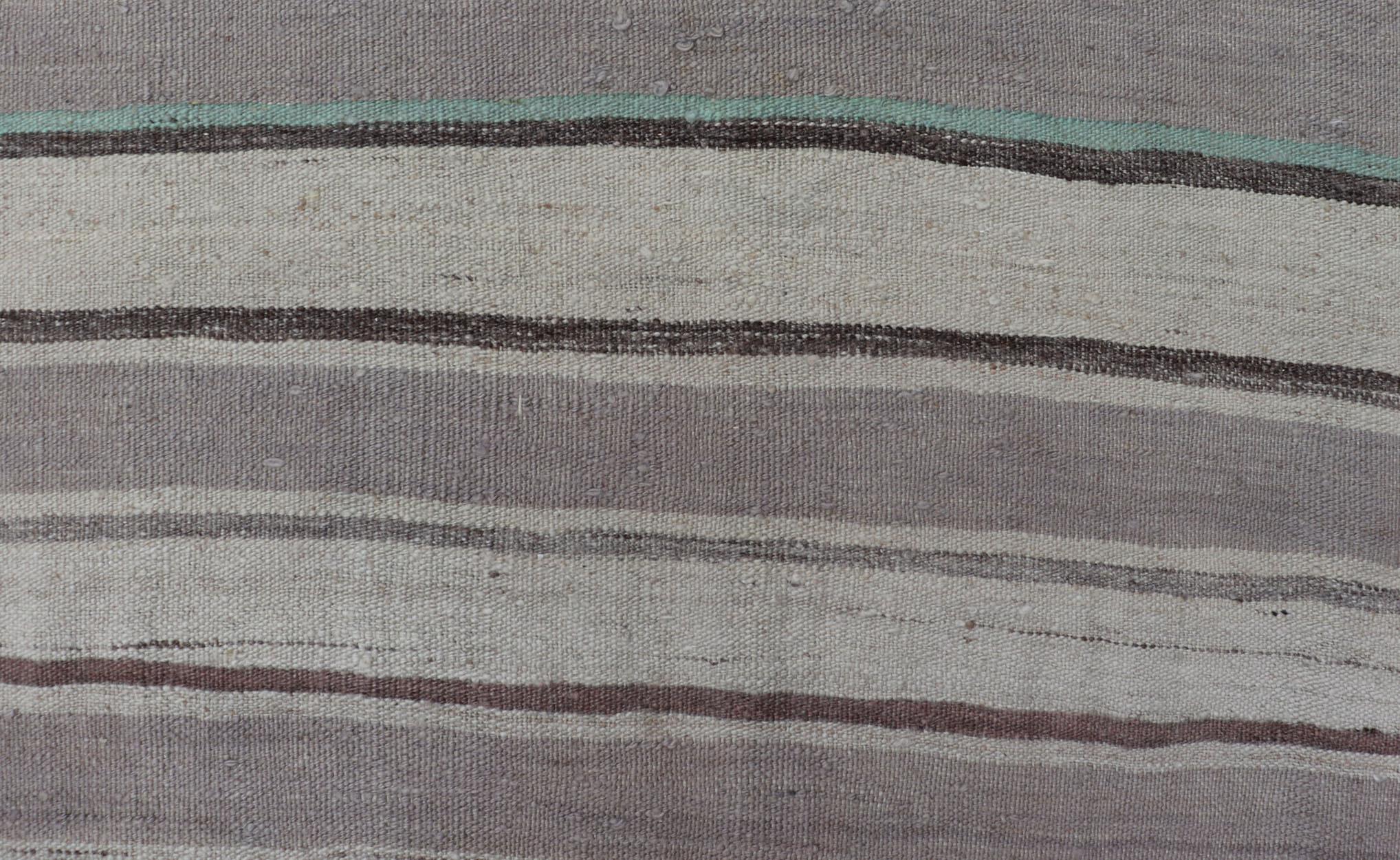 Square Turkish Vintage Flat-Weave in Brown, Lavender, and Cream Stripe Design For Sale 1