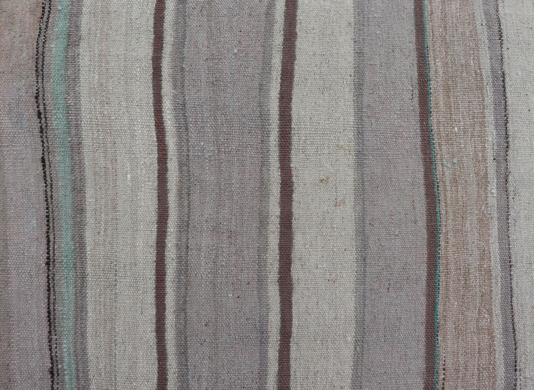 Square Turkish Vintage Flat-Weave in Brown, Lavender, and Cream Stripe Design For Sale 2