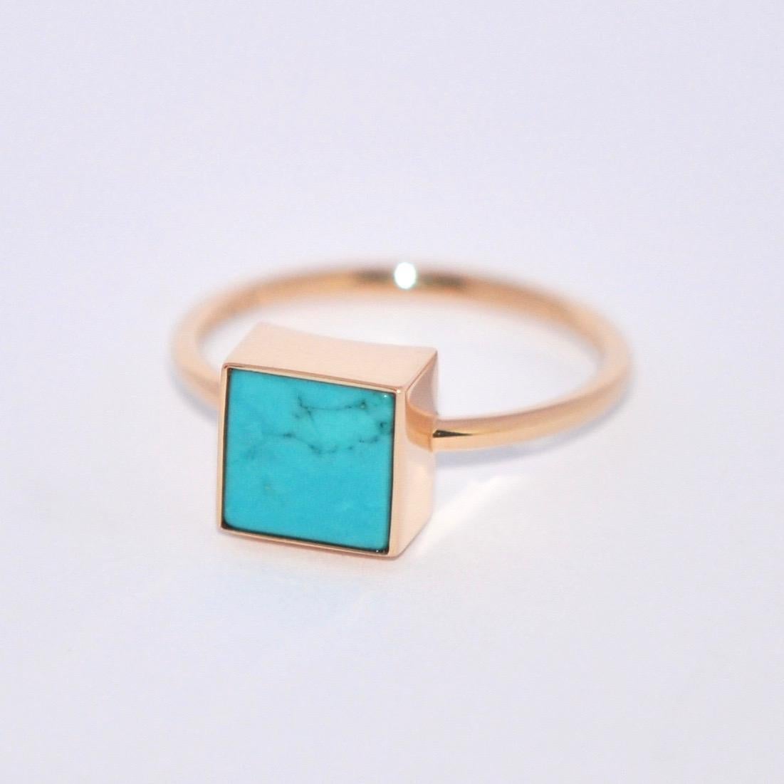 Square Turquoise and Rose Gold 18 Karat Fashion Ring In New Condition In Vannes, FR