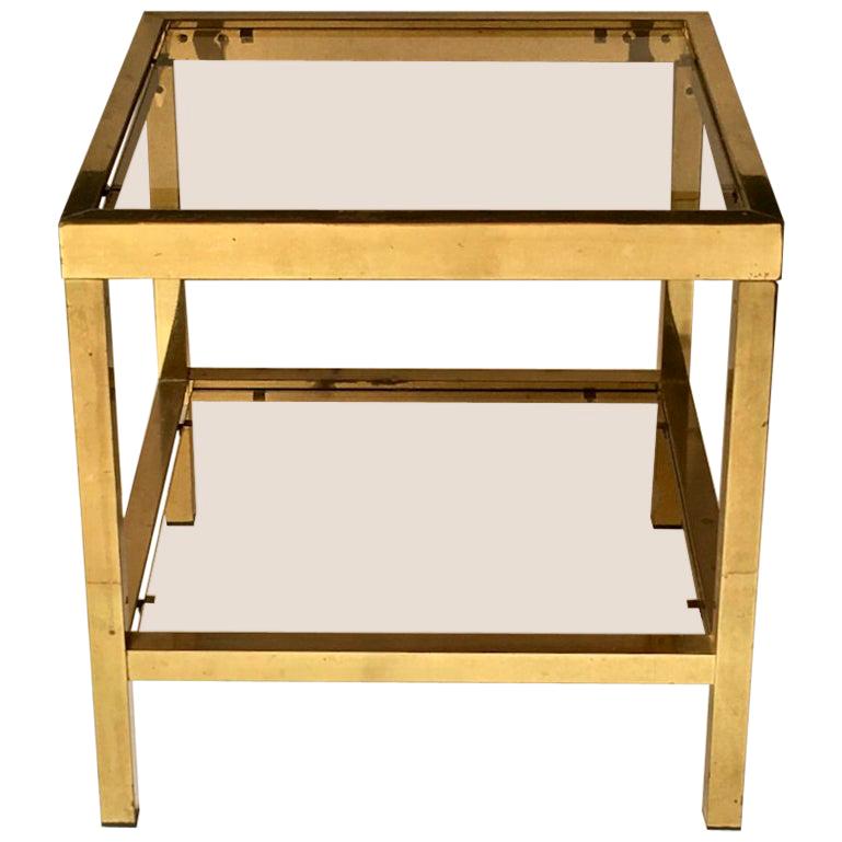 Square Two-Tier Brass Side Table with Tinted Glass Shelves, European, 1970s 5