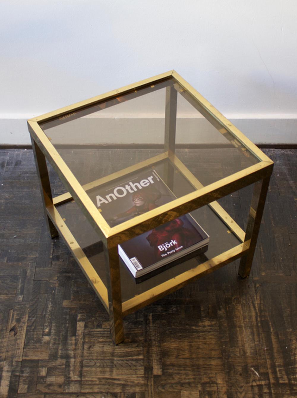 Square Two-Tier Brass Side Table with Tinted Glass Shelves, European, 1970s In Good Condition In London, GB