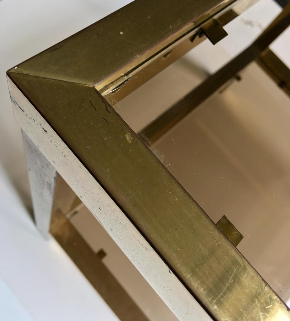 Square Two-Tier Brass Side Table with Tinted Glass Shelves, European, 1970s 1