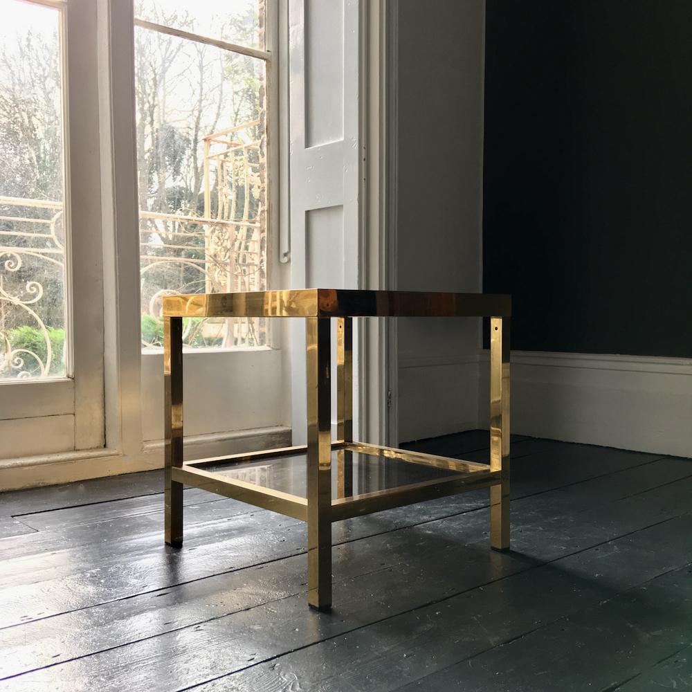 Square Two-Tier Brass Side Table with Tinted Glass Shelves, European, 1970s 4