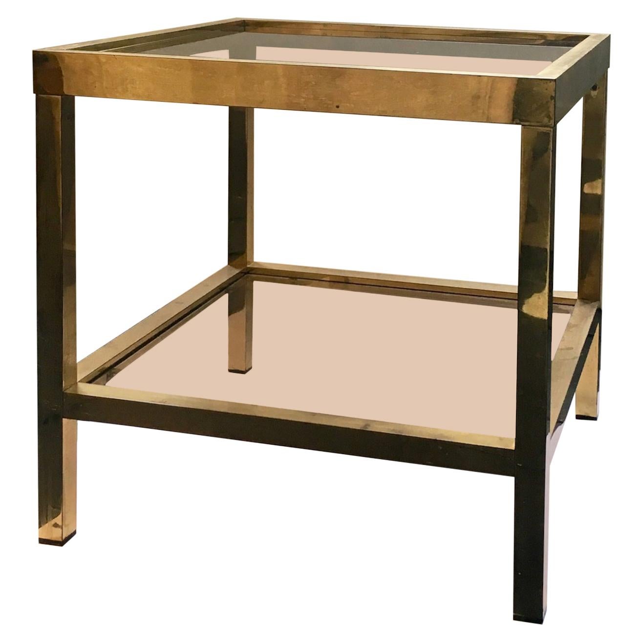 Square Two-Tier Brass Side Table with Tinted Glass Shelves, European, 1970s