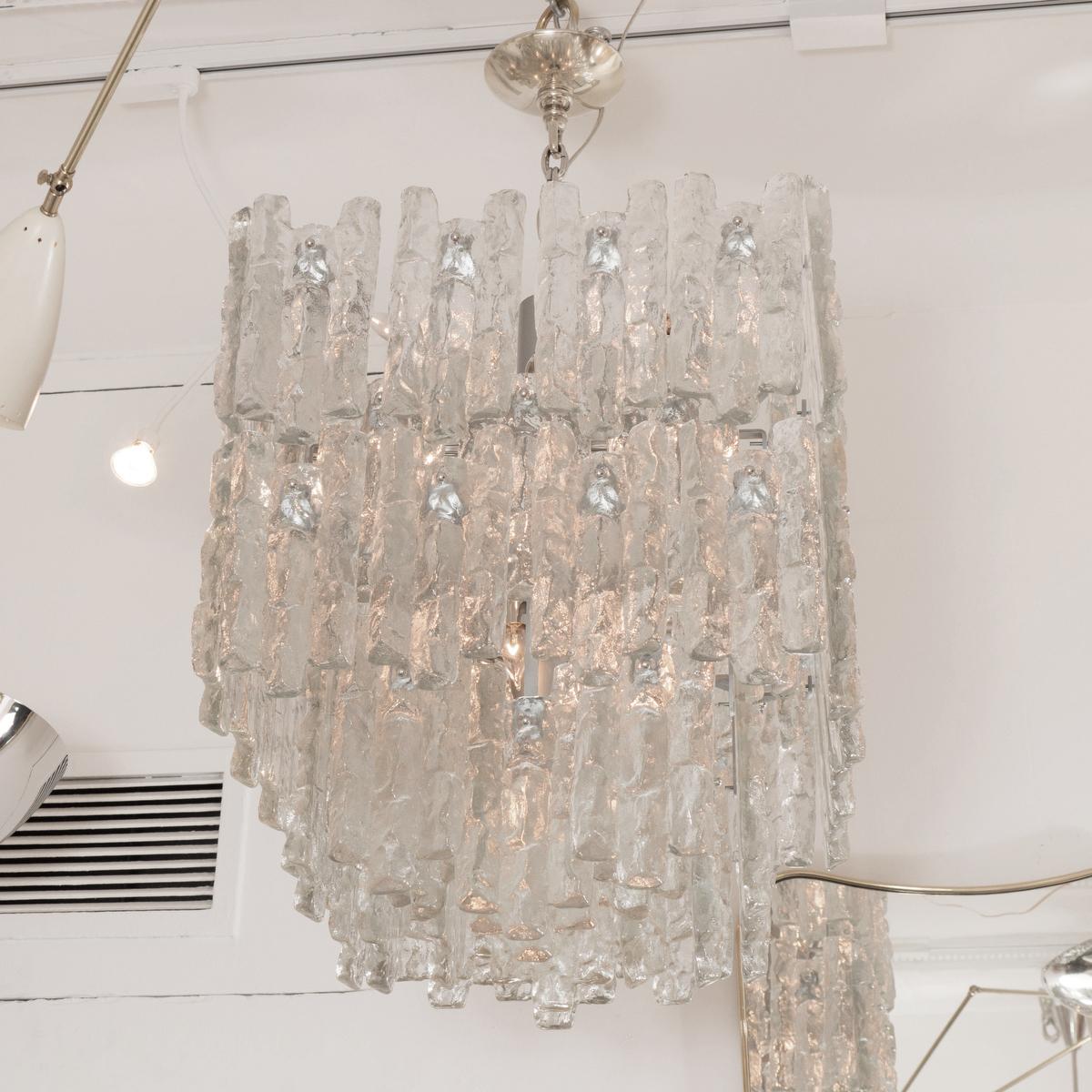 Mid-Century Modern Square Two-Tier Chandelier Composed of Ice Inspired Glass Elements