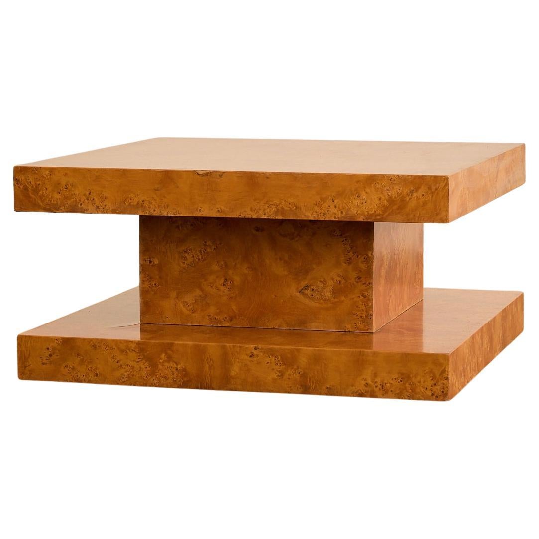 Square Two-Tier Coffee Table in Burled Wood Veneer, Glossy Finish For Sale