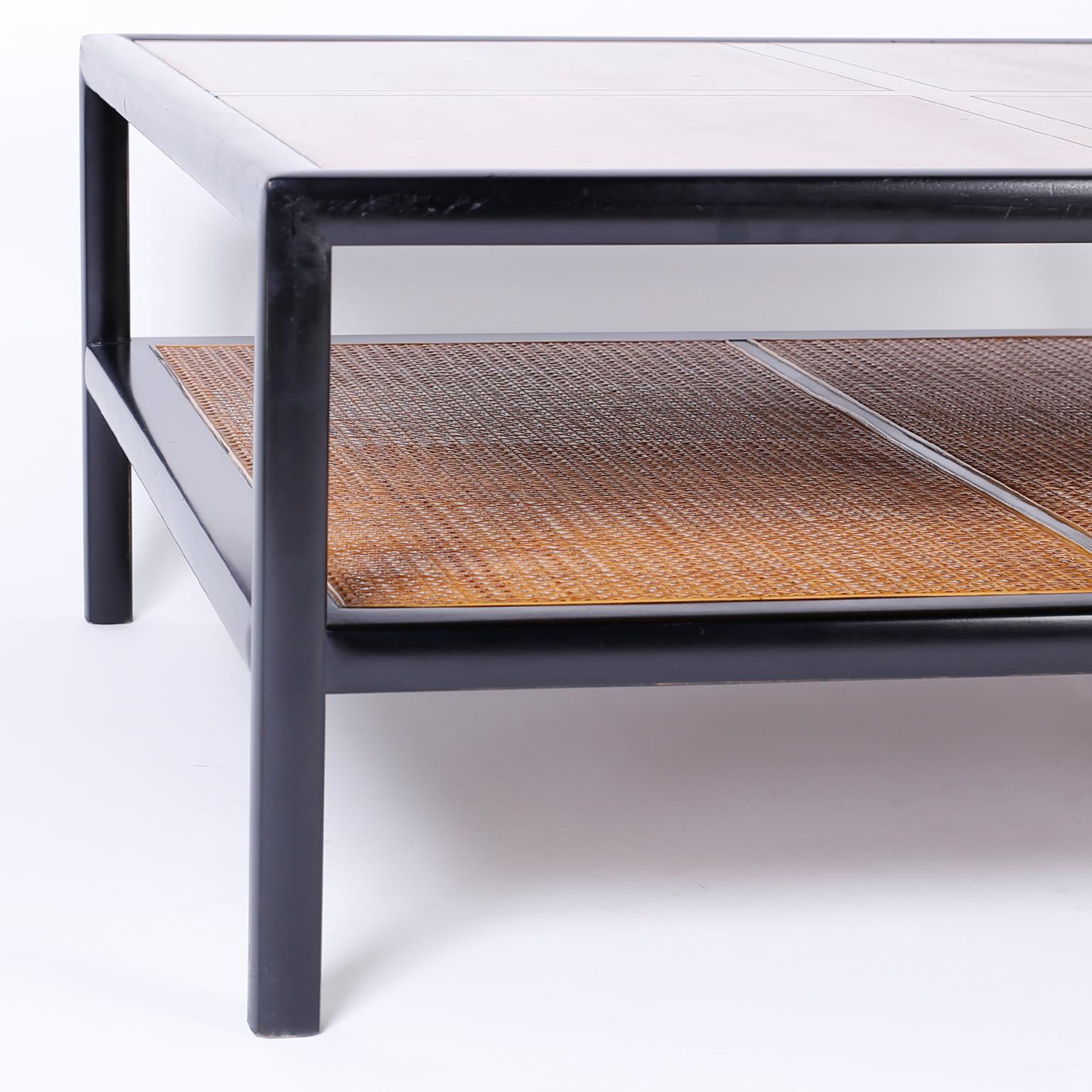 Square Two-Tiered Coffee Table with Caning In Good Condition For Sale In Palm Beach, FL