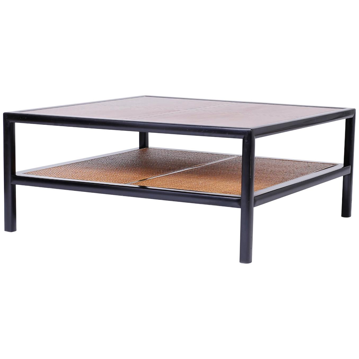 Square Two-Tiered Coffee Table with Caning For Sale