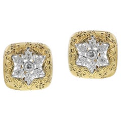 Square Two-Tone Gold and Diamond Earrings, 18k