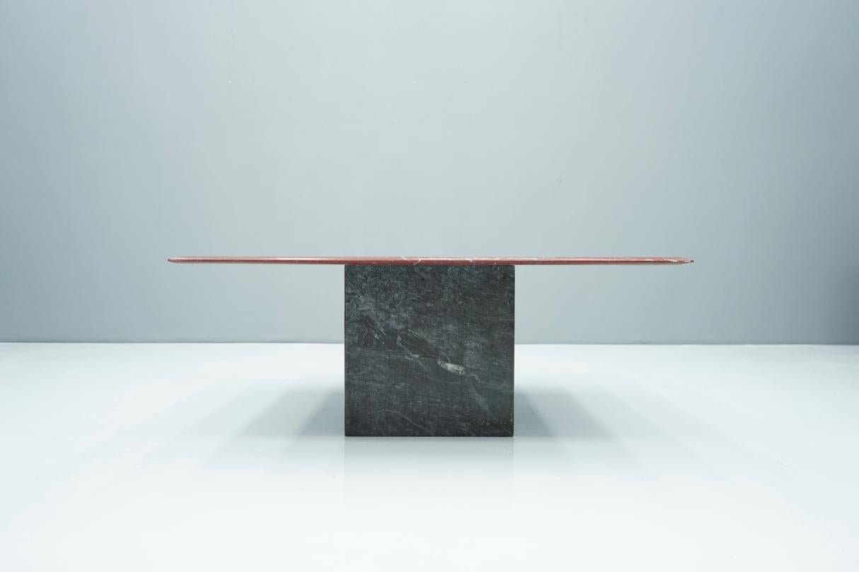 Beautiful two-tone marble coffee table with a red edge. 
Very good condition.

Details

Creator: unknown
Period: 1970s
Color: grey, red
Style: Mid-Century Modern
Place of Origin: Europe
Dimensions: Height: 17.33 in. (44 cm) Width: 39.38 in. (100 cm)