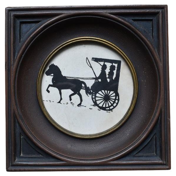 Square Victorian Style Framed Silhouette Wall Hanging of Horse and Buggy For Sale