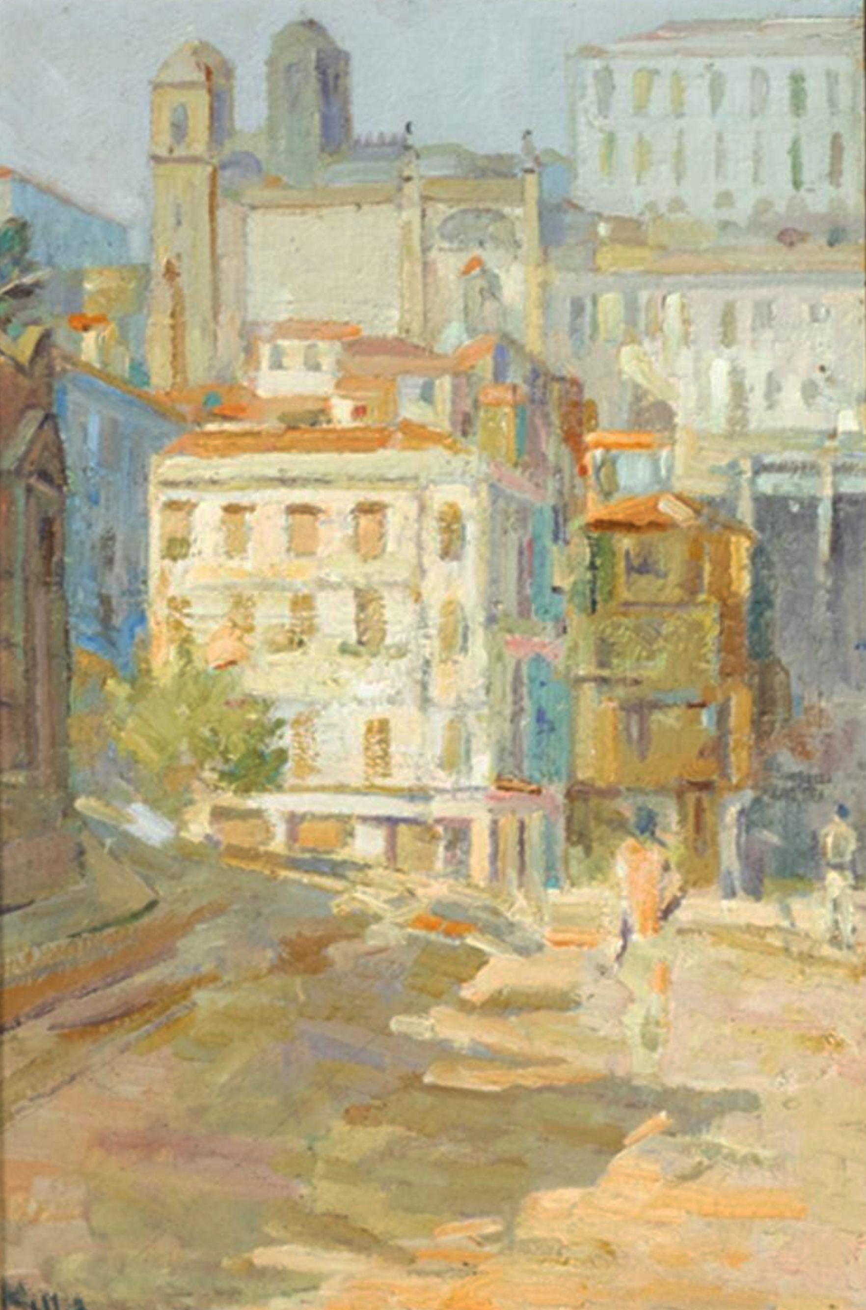 Portuguese Square View with Cathedral Painting by Mello Junior , 20th Century  For Sale