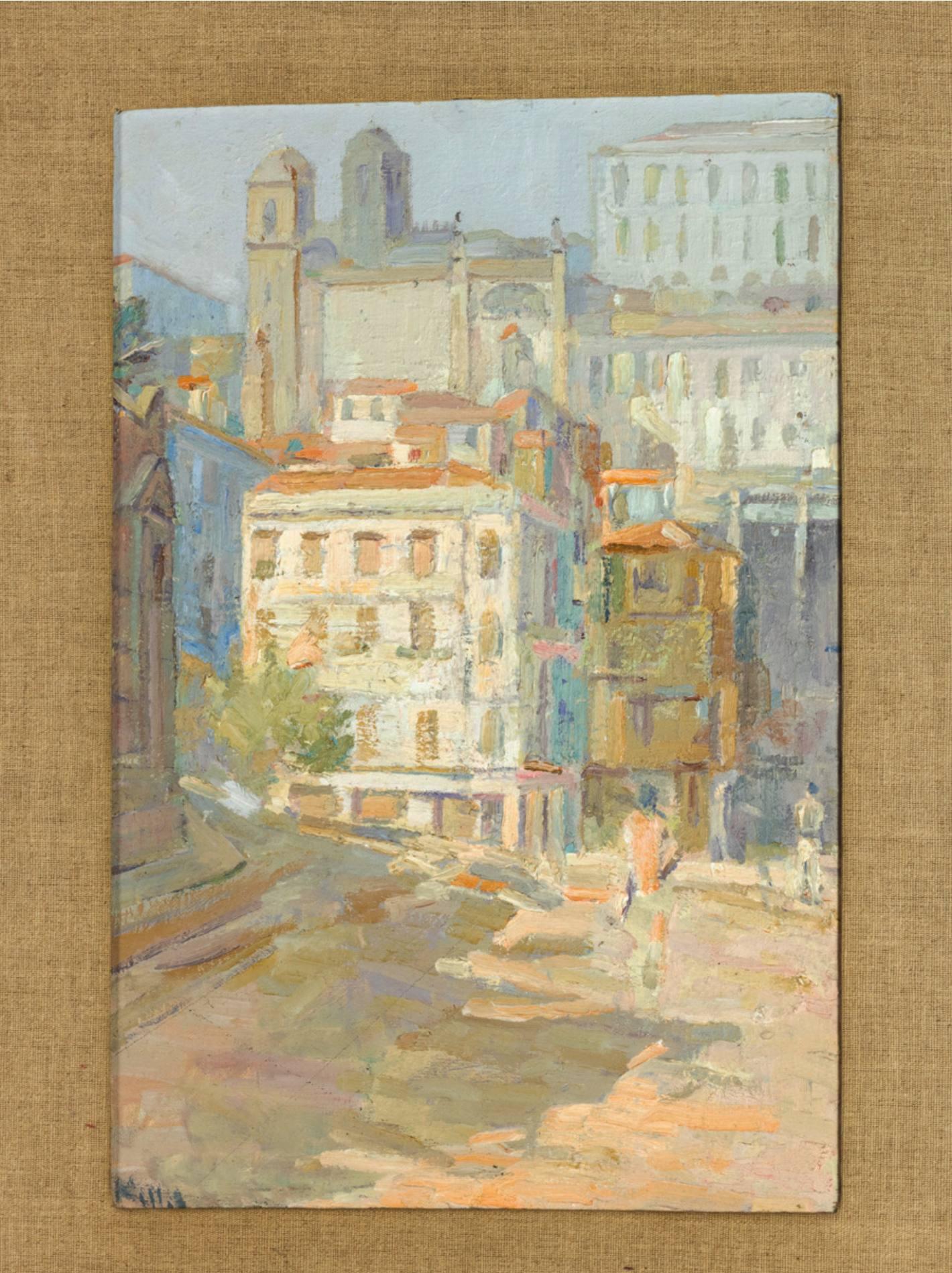 Oiled Square View with Cathedral Painting by Mello Junior , 20th Century  For Sale