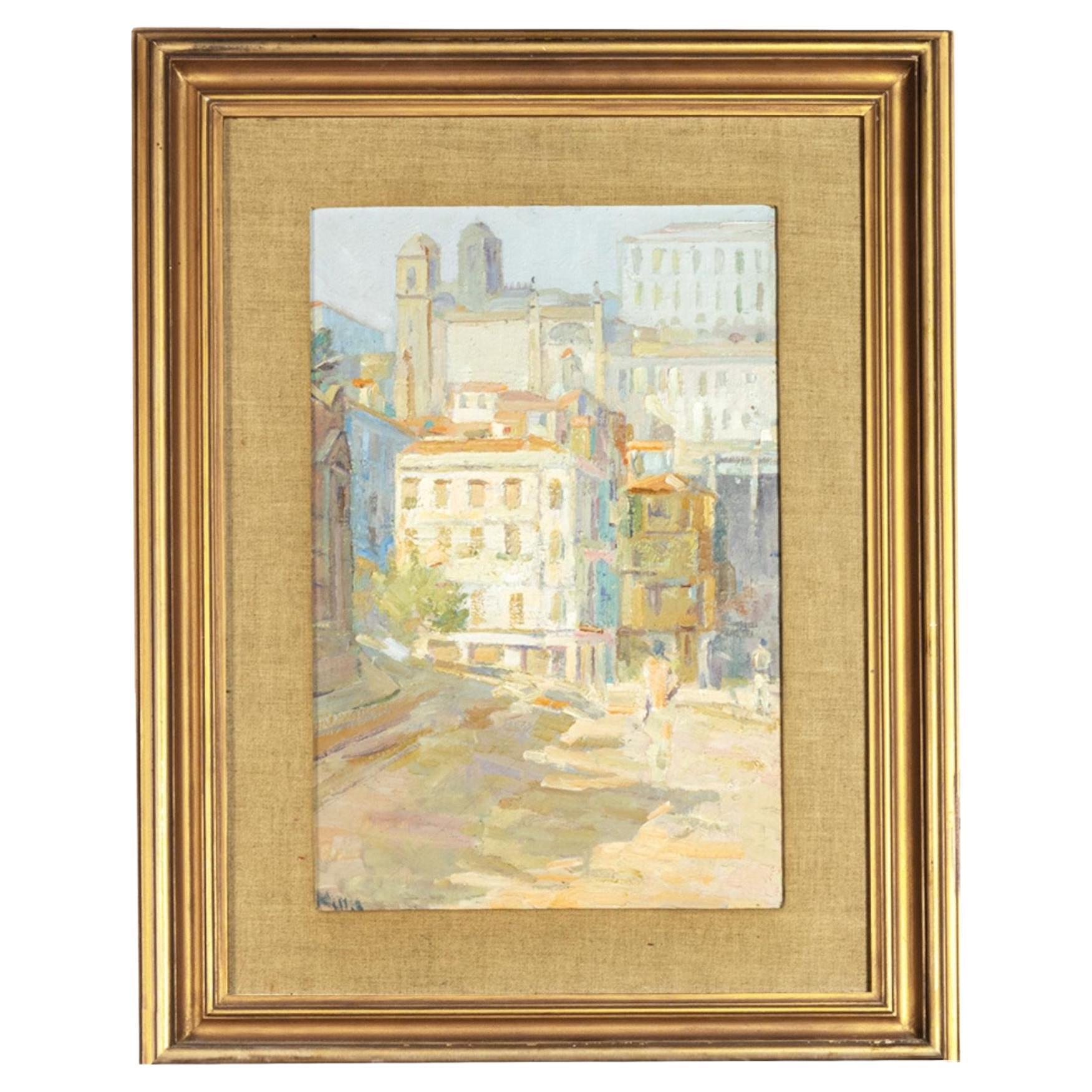 Square View with Cathedral Painting by Mello Junior , 20th Century  For Sale