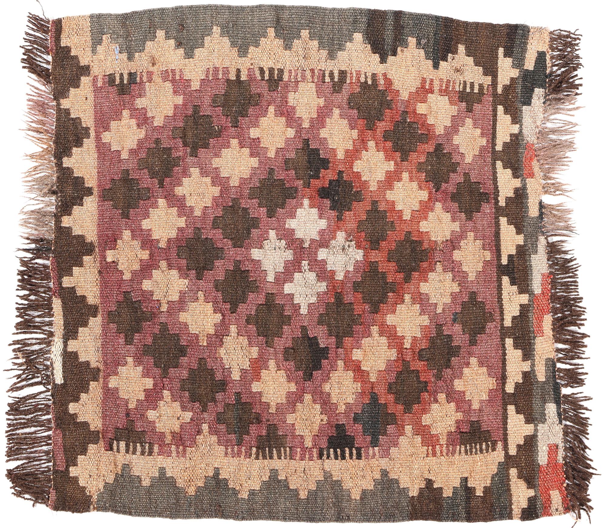 Square Vintage Earth-Tone Afghan Flatweave Kilim Rug 4