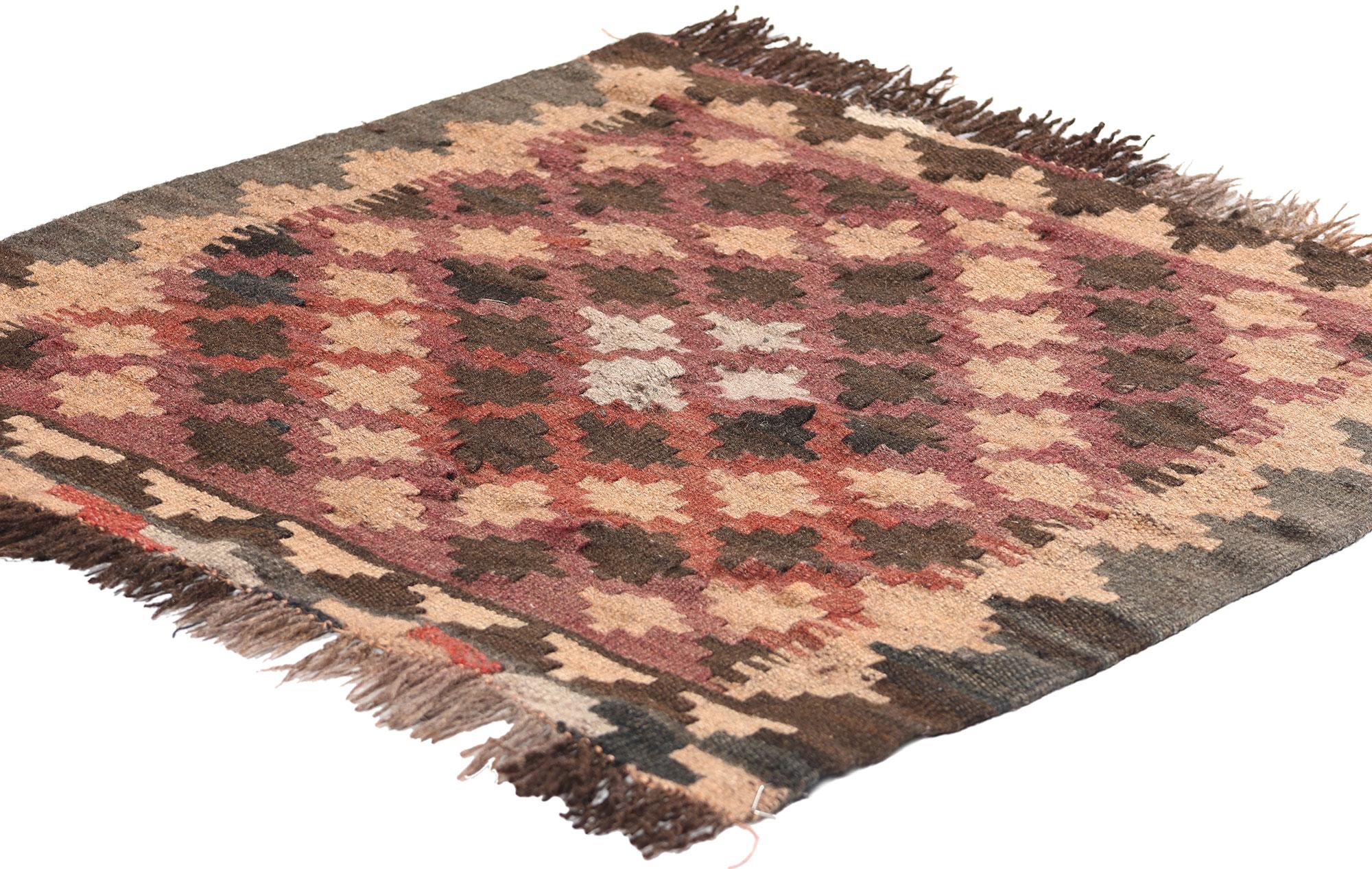 78800 Square Vintage Afghan Maimana Kilim Rug, 02'02 x 02'02. Maimana Afghan kilim rugs are traditional flat-woven rugs from the Maimana region of Afghanistan, known for their vibrant colors, intricate geometric patterns, and durability. Made