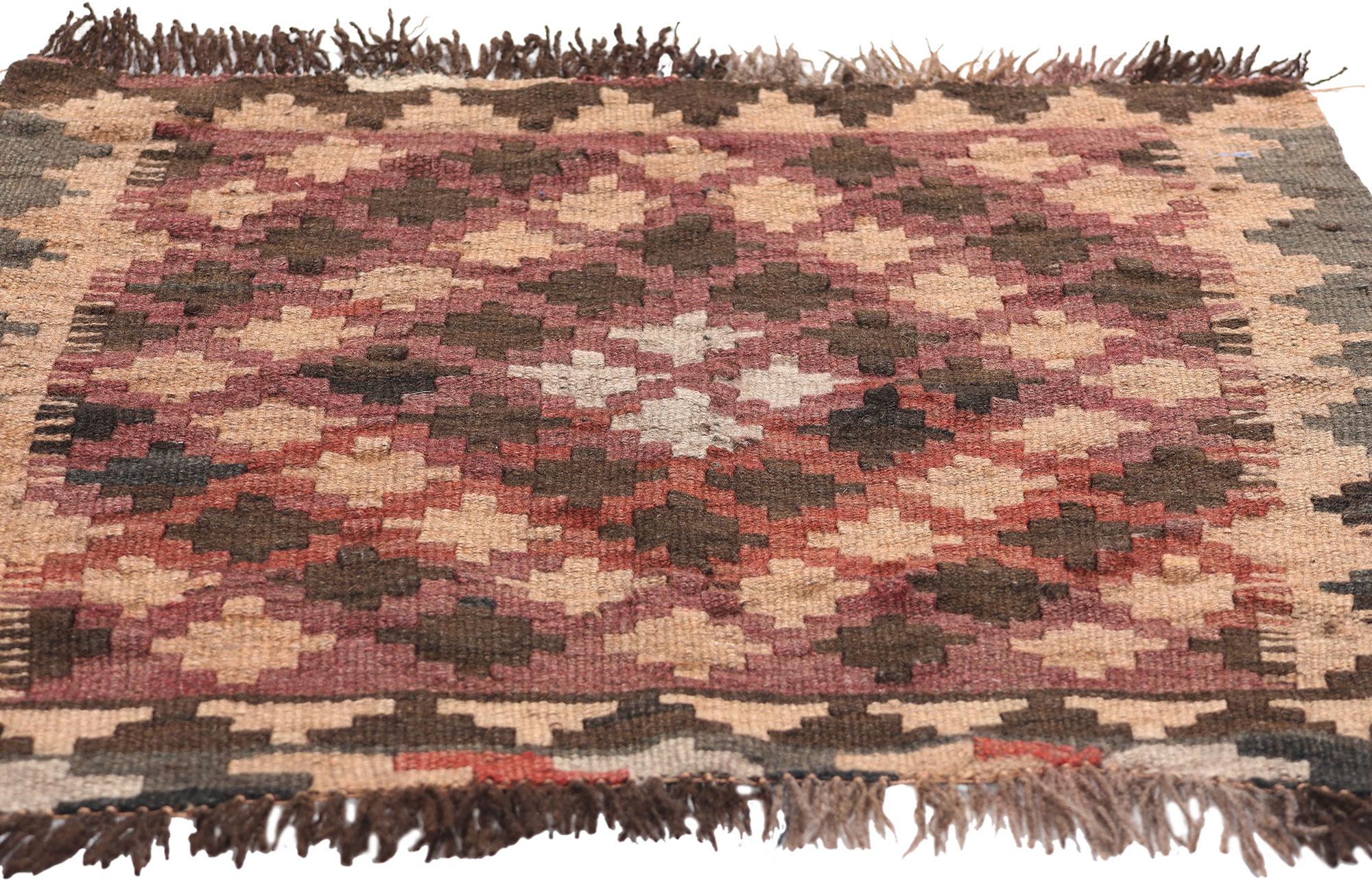 Hand-Woven Square Vintage Earth-Tone Afghan Flatweave Kilim Rug