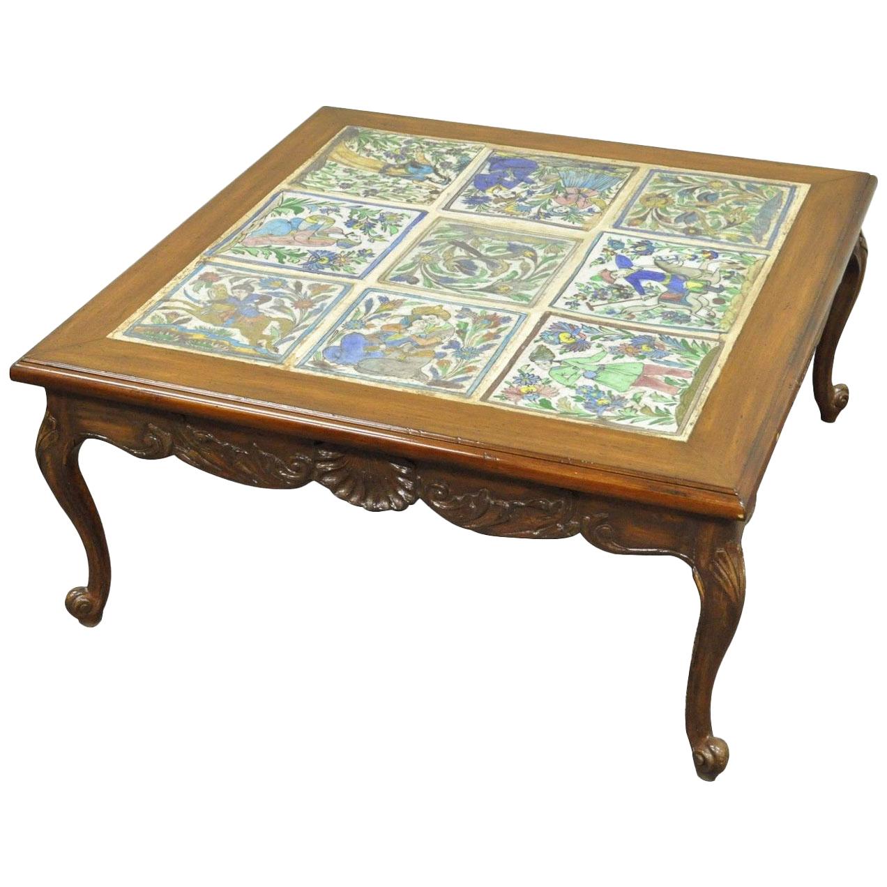 Square Vintage French Country Louis XV Carved Walnut Tile Top Coffee Table at 1stDibs french