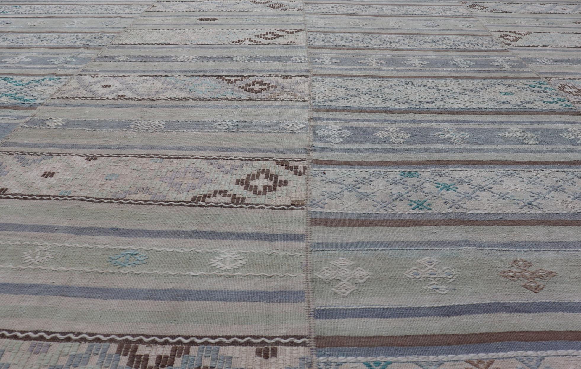 Turkish Square Vintage Neutral Paneled Kilim Flat-Weave in Neutral Muted Tones  For Sale