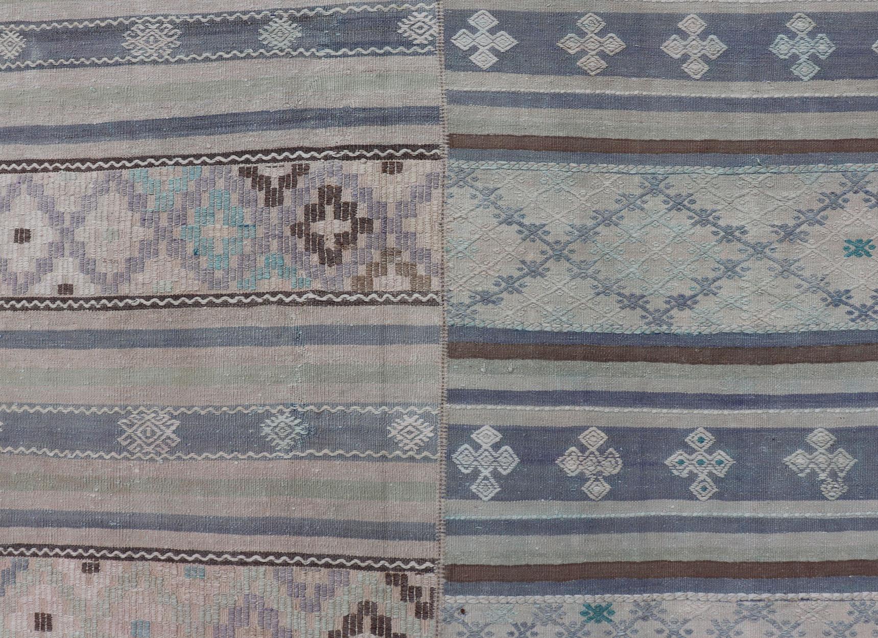 Hand-Woven Square Vintage Neutral Paneled Kilim Flat-Weave in Neutral Muted Tones  For Sale