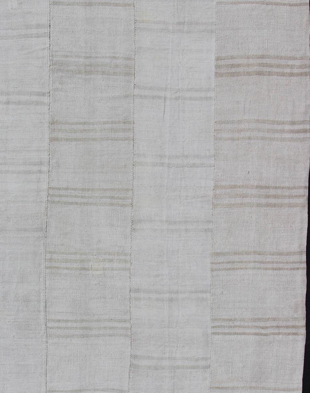 Turkish Square Vintage Paneled Flat-Weave with Modern Design in White and Neutral Tones For Sale