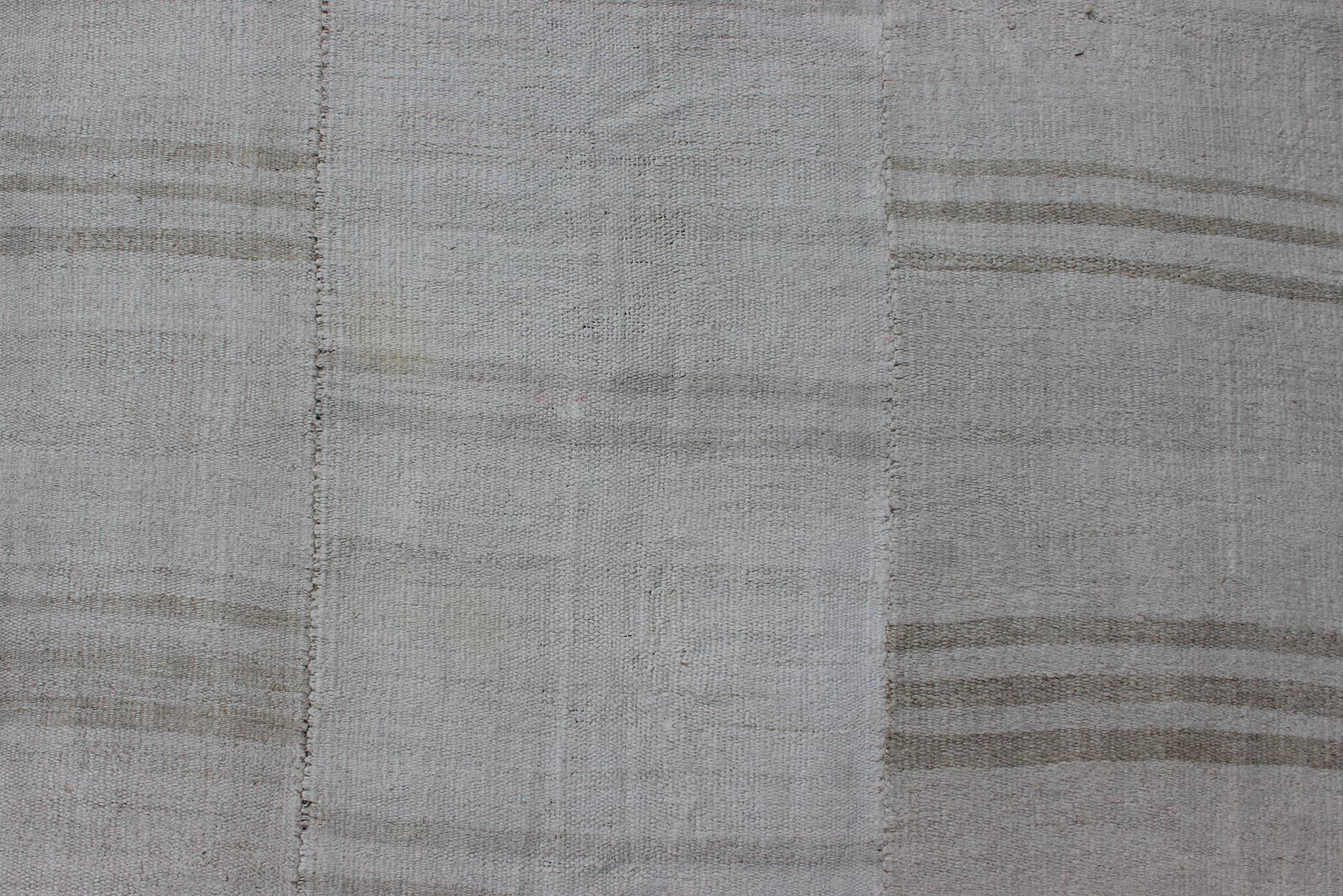 Mid-20th Century Square Vintage Paneled Flat-Weave with Modern Design in White and Neutral Tones For Sale