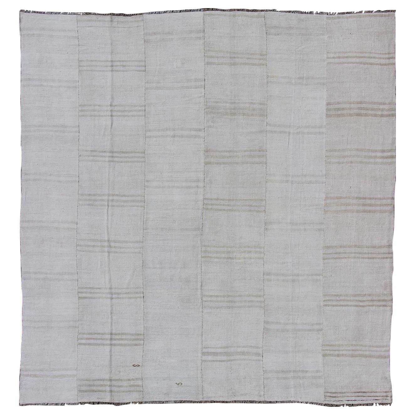 Square Vintage Paneled Flat-Weave with Modern Design in White and Neutral Tones For Sale
