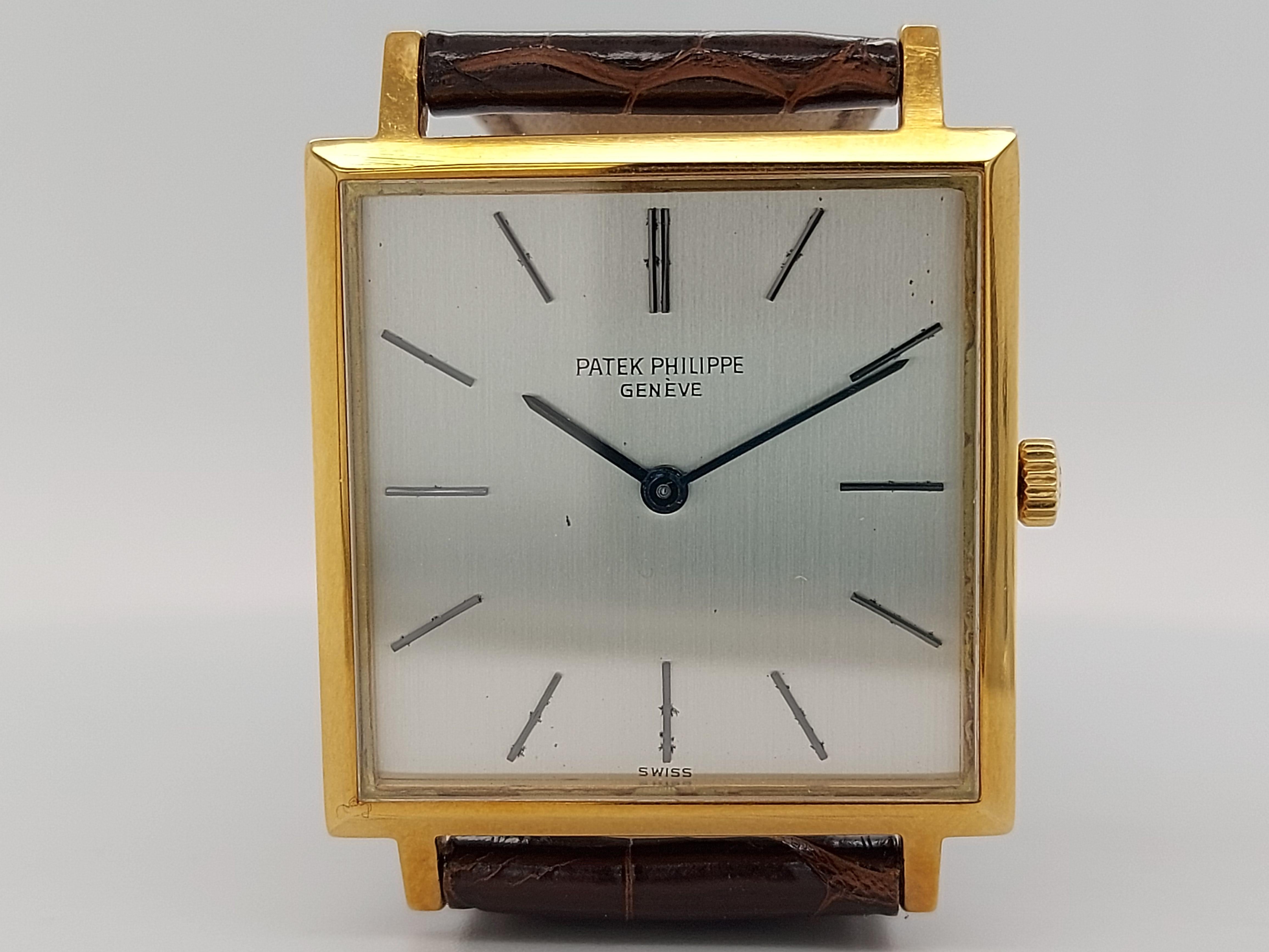 Square Vintage Patek Philippe 18Kt Solid Gold From 1970 with Extract from the Archives

Reference: 3555

Movement: Manual winding

Caliber: 175

Case: 18kt Yellow gold, Dimensions 27 mm x 27 mm, Thickness 4.6 mm, Signed genuine Patek crown, Splash