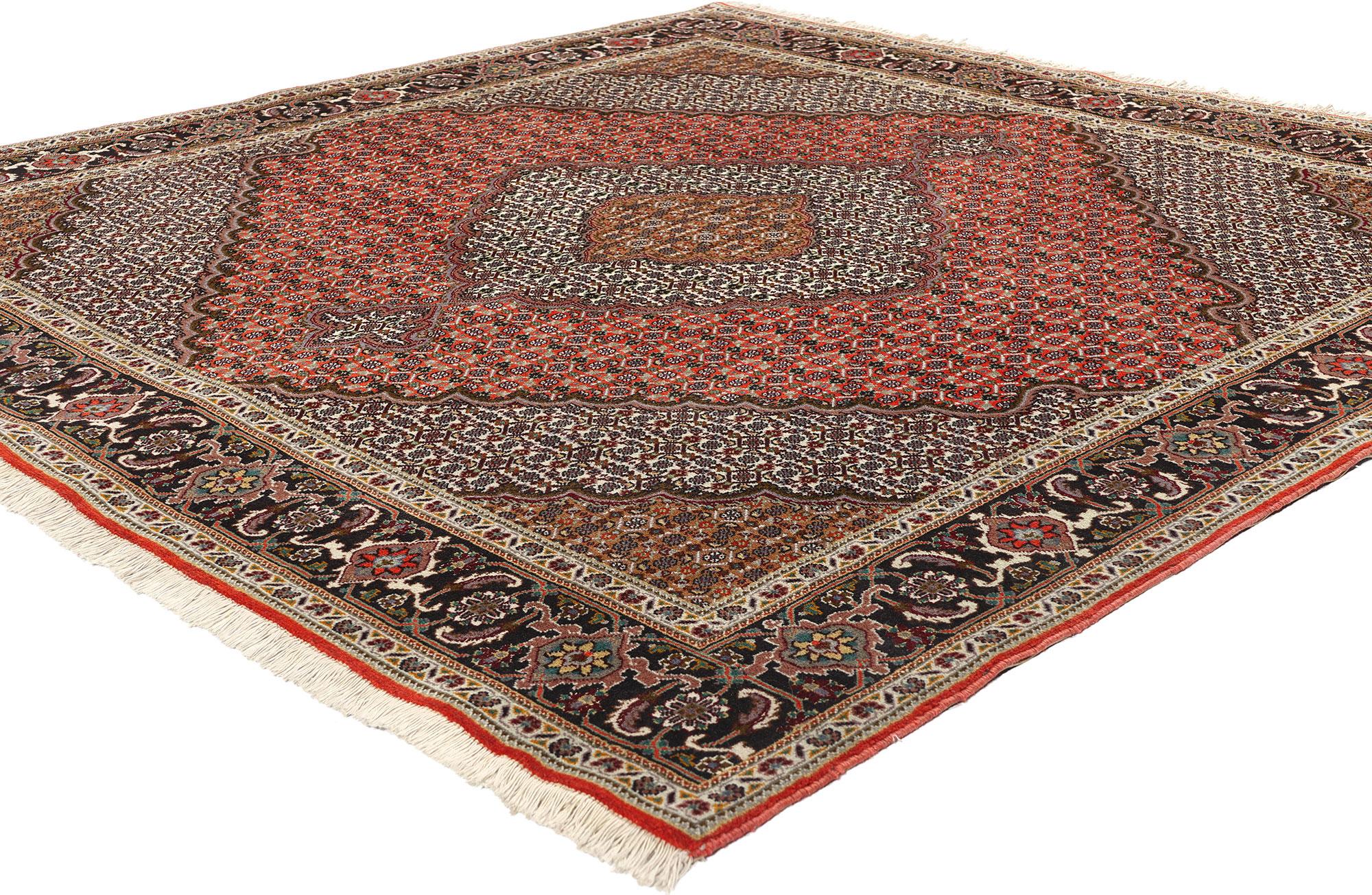 78781 Square Vintage Persian Mahi Tabriz Rug, 06'08 x 06'09. Nestled amidst the majestic Sahand Evnali mountains in Azerbaijan, Iran, lies the captivating Quru Valley, housing the alluring city of Tabriz. Revered for its exquisite handcrafted
