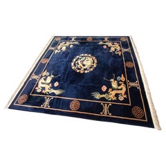 Square Vintage Rug, Chinese Art Deco Rug Oriental Handmade Navy Blue Carpet