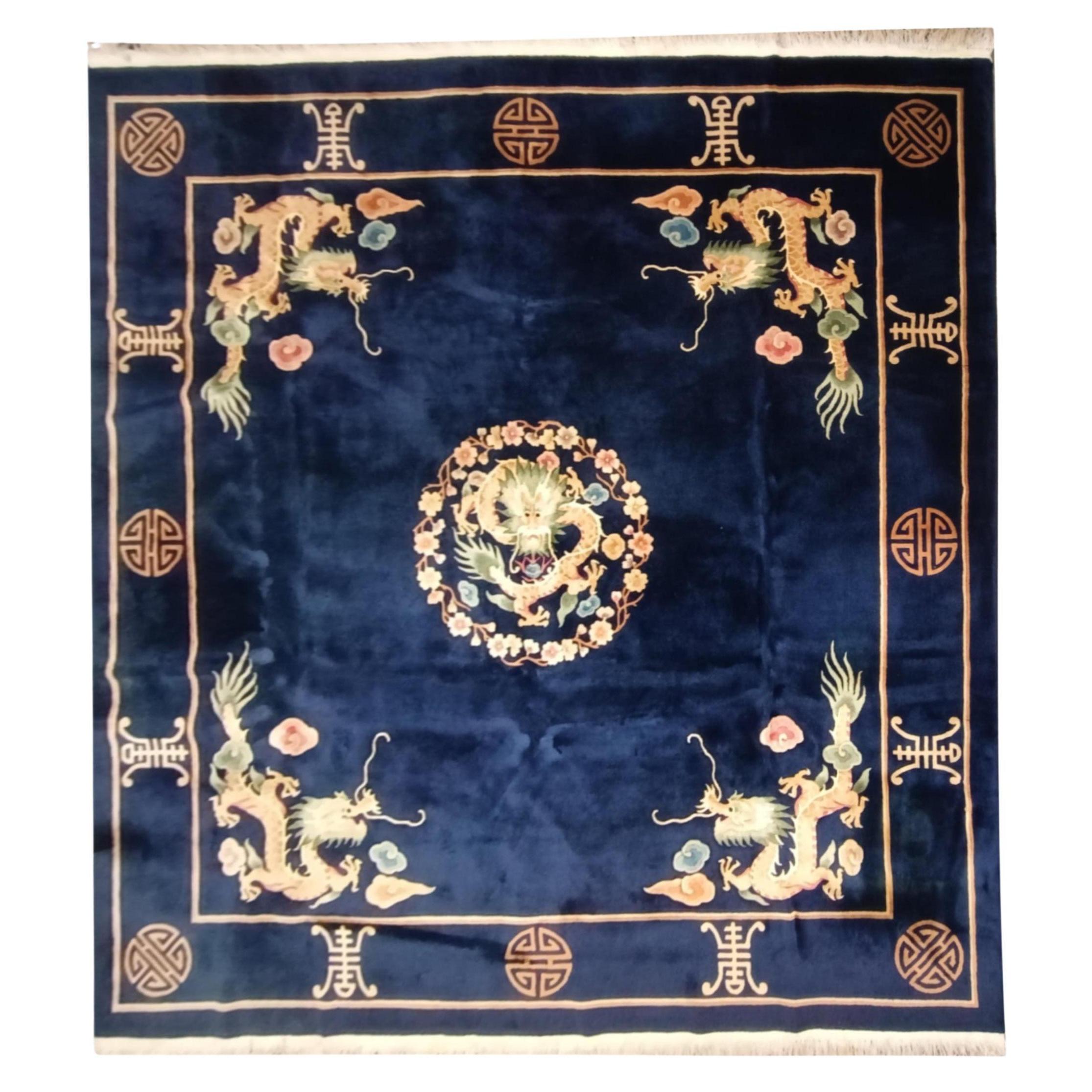 Square Vintage Rug, Chinese Art Deco Rug Oriental Handmade Navy Blue Carpet