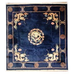 Square Vintage Rug, Chinese Art Deco Rug Oriental Handmade Navy Blue Carpet