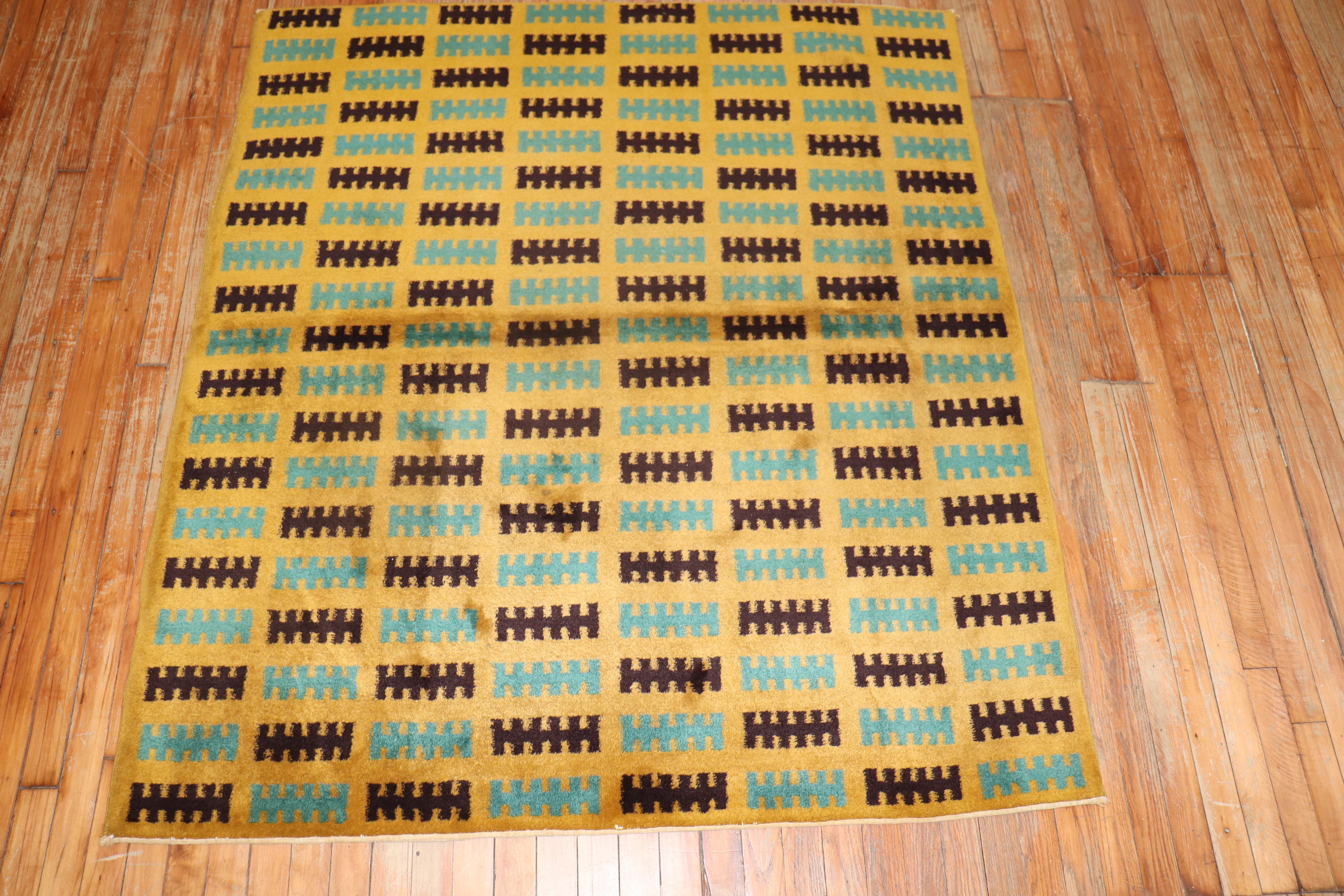 Beaux Arts Yellow Square Vintage Turkish Deco Rug For Sale
