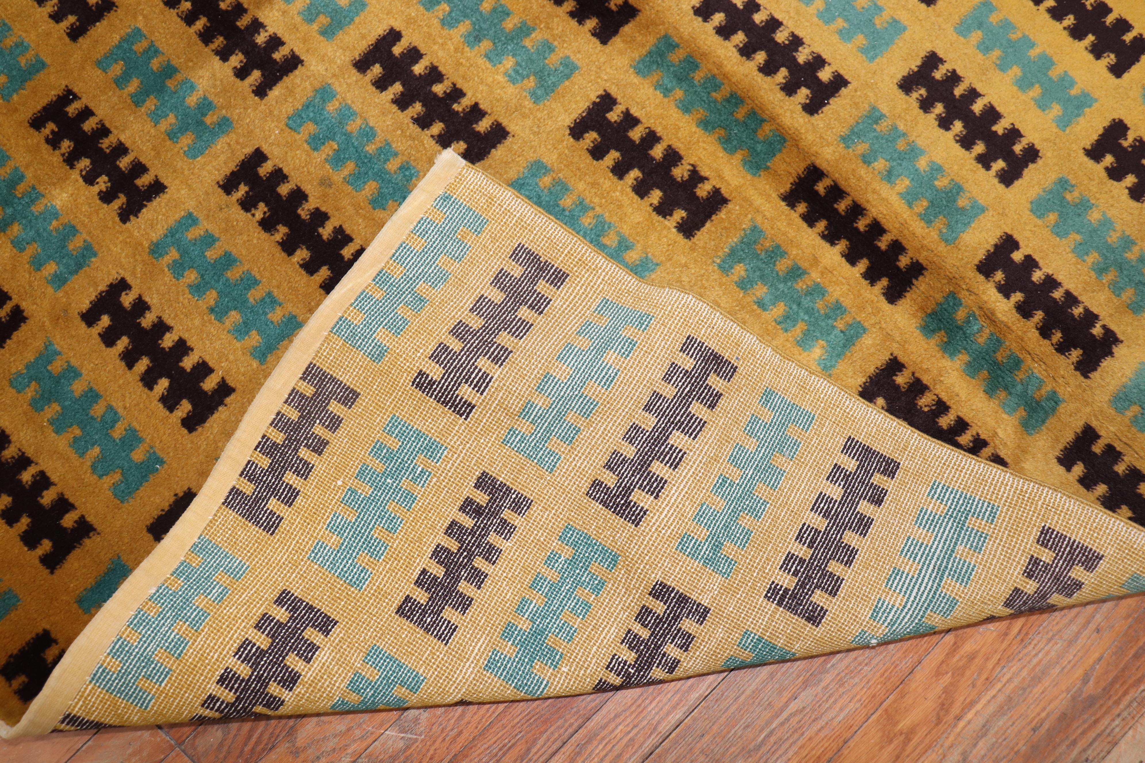 Hand-Woven Yellow Square Vintage Turkish Deco Rug For Sale