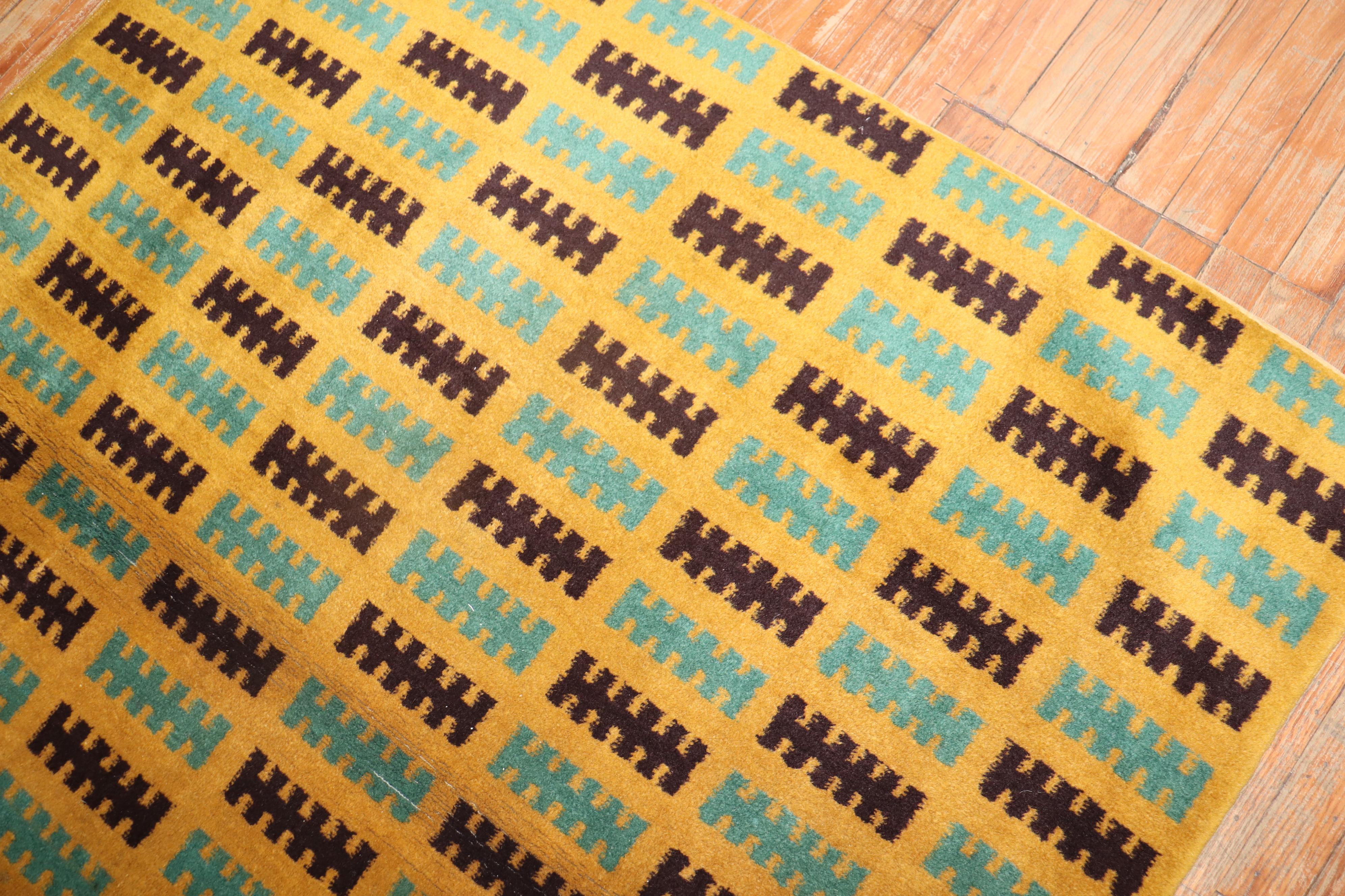 Yellow Square Vintage Turkish Deco Rug In Good Condition For Sale In New York, NY