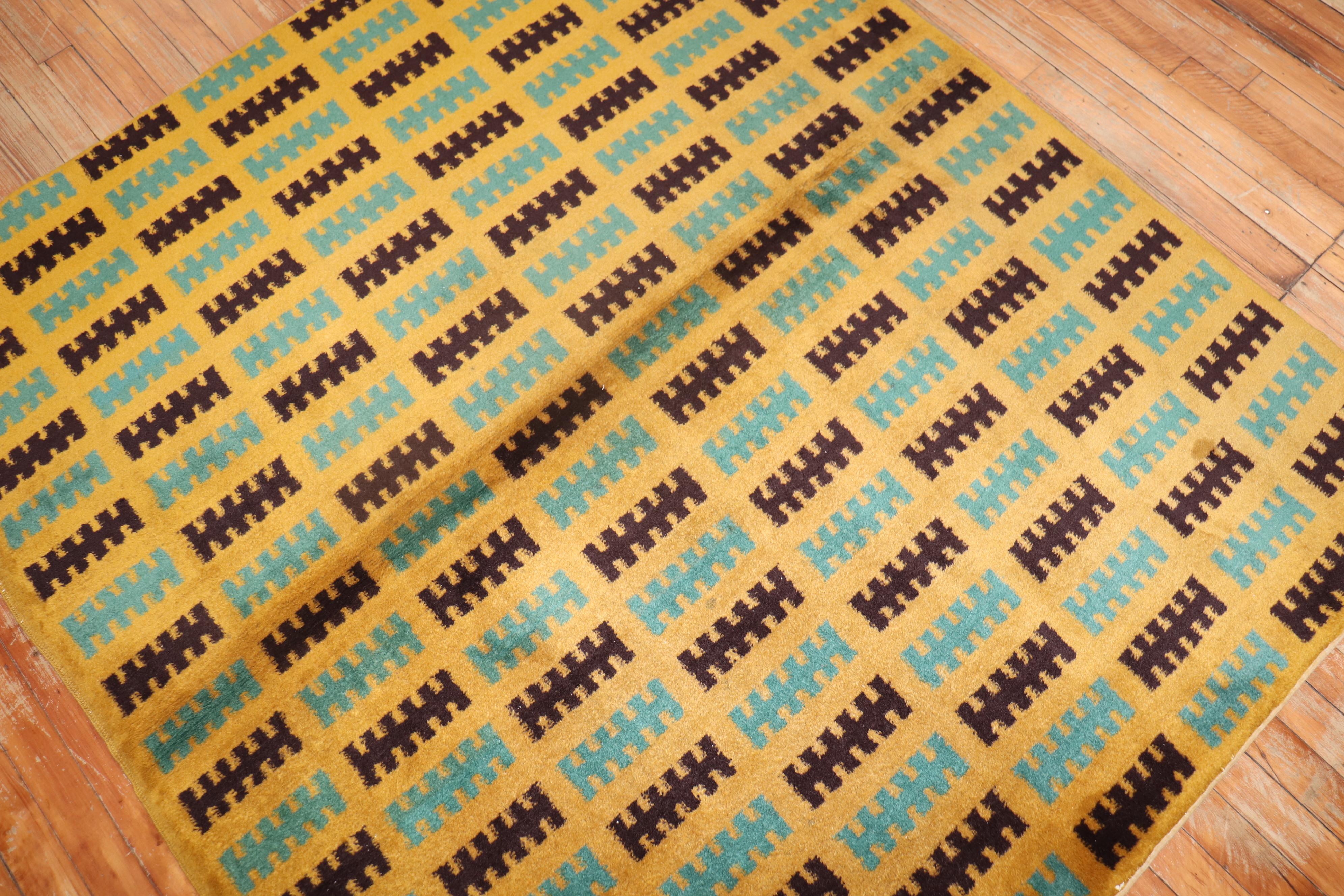 Wool Yellow Square Vintage Turkish Deco Rug For Sale