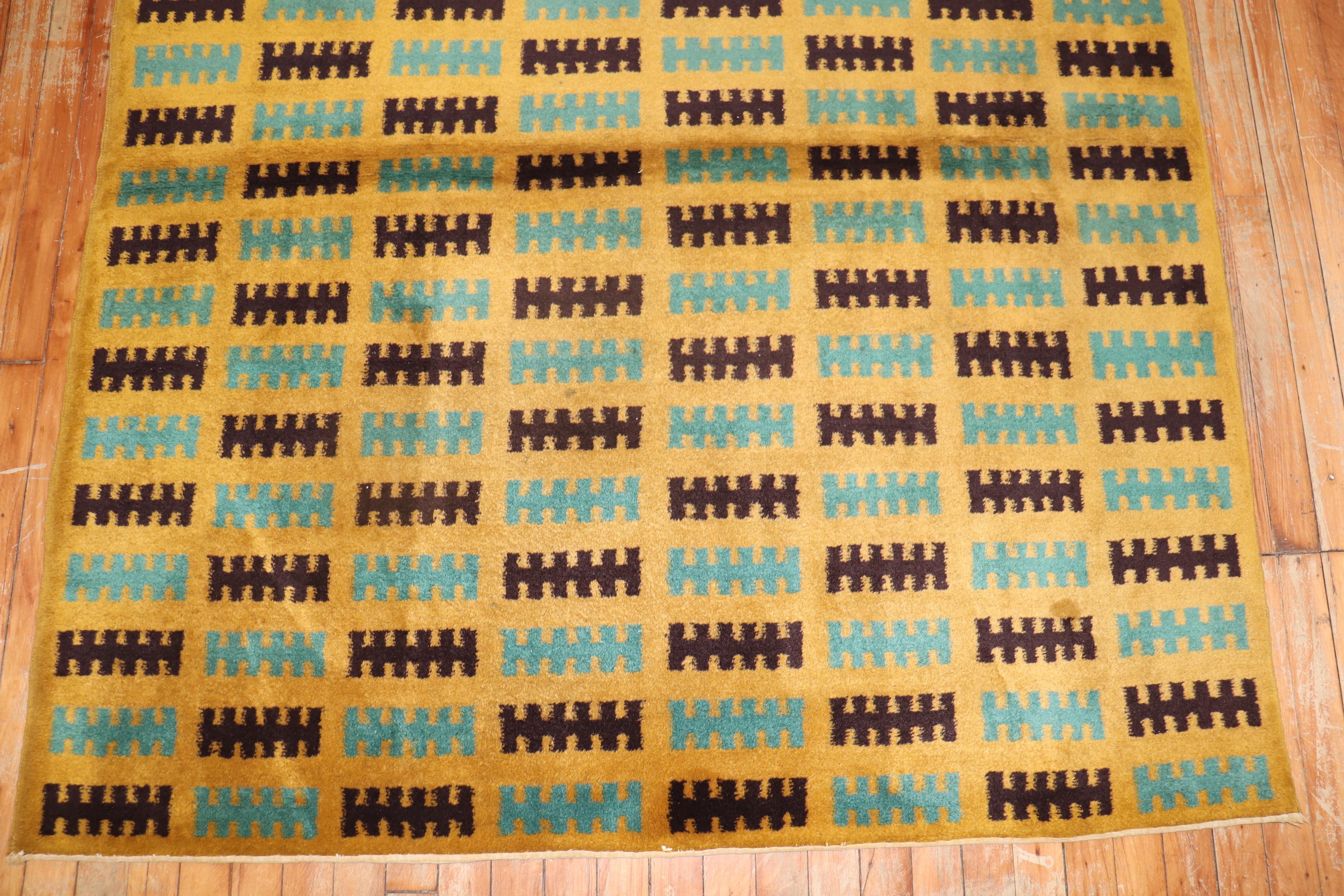 Yellow Square Vintage Turkish Deco Rug For Sale 1