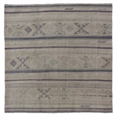 Square Vintage Turkish Embroidered Kilim in Dark Blue, L. Green, Gray, Taupe