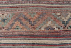 Square Vintage Turkish Kilim Rug Zigzag Motif Multicolor Wool Flatweave