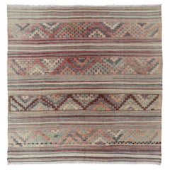 Square Vintage Turkish Kilim Rug Zigzag Motif Multicolor Wool Flatweave