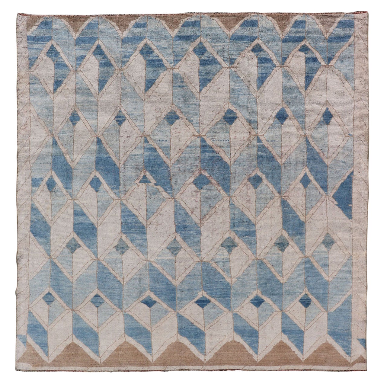 Square Vintage Turkish Oushak Kars Rug with Blue and Light Brown Colors