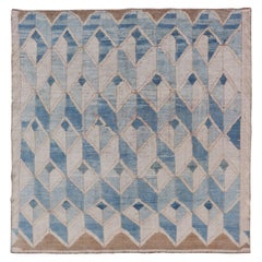 Square Vintage Turkish Oushak Kars Rug with Blue and Light Brown Colors