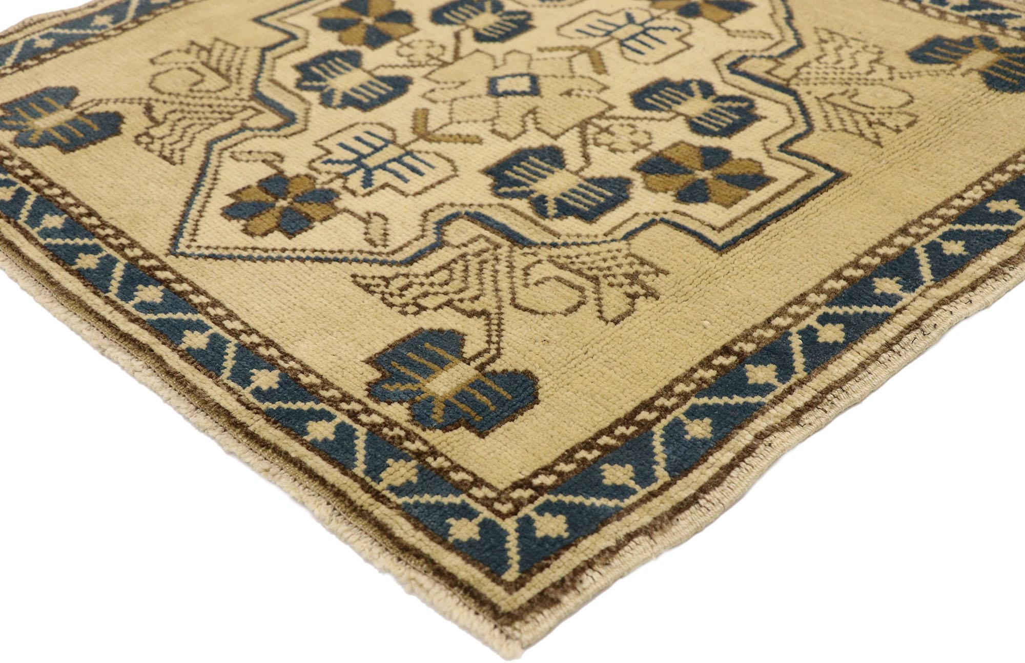 51258 Vintage Turkish Yastik Rug, 02'02 x 02'02. In this hand-knotted wool vintage Turkish Yastik rug, effortless beauty and understated elegance merge to create a captivating piece with a subtle Mediterranean flair. The ecru-tan antique-washed