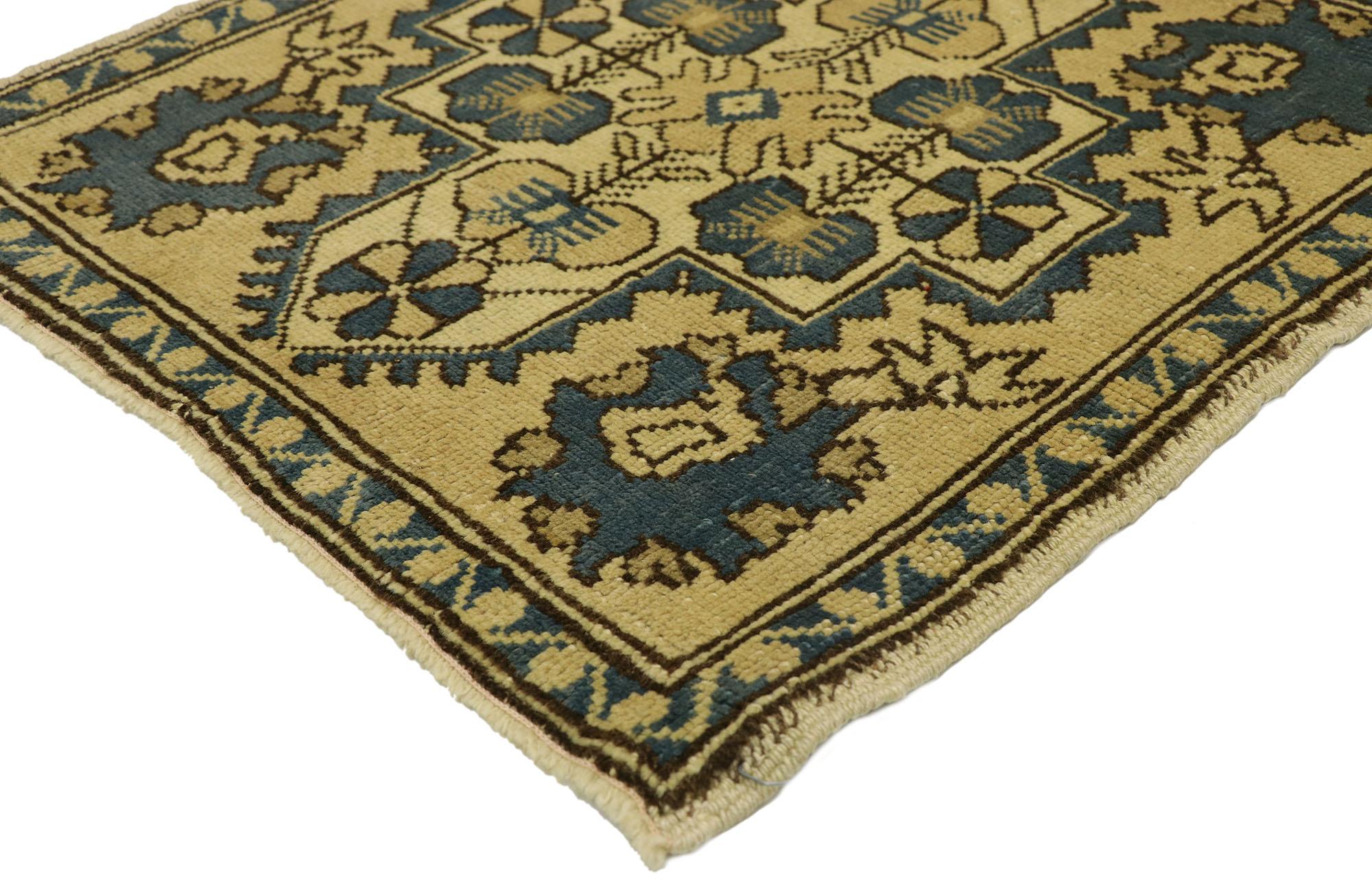 51259 Vintage Turkish Yastik Rug, 02'03 x 02'04. In this hand-knotted wool vintage Turkish Yastik rug, effortless grace and subtle refinement come together to form a captivating piece imbued with a hint of Mediterranean charm. The ecru-tan