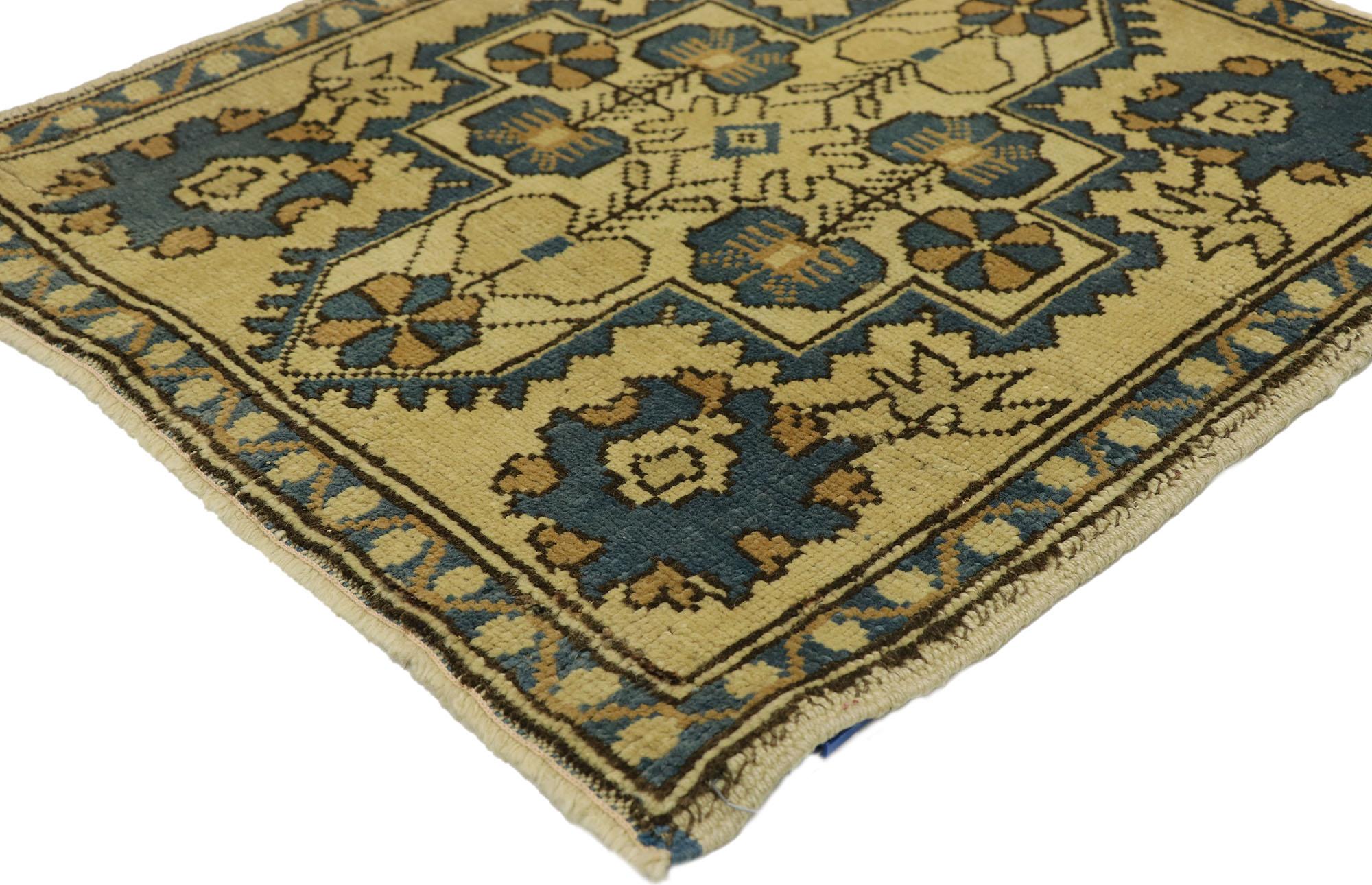 51260 Vintage Turkish Yastik Rug, 02'03 x 02'04. In this hand-knotted wool vintage Turkish Yastik rug, effortless grace and subtle refinement come together to form a captivating piece imbued with a hint of Mediterranean charm. The ecru-tan