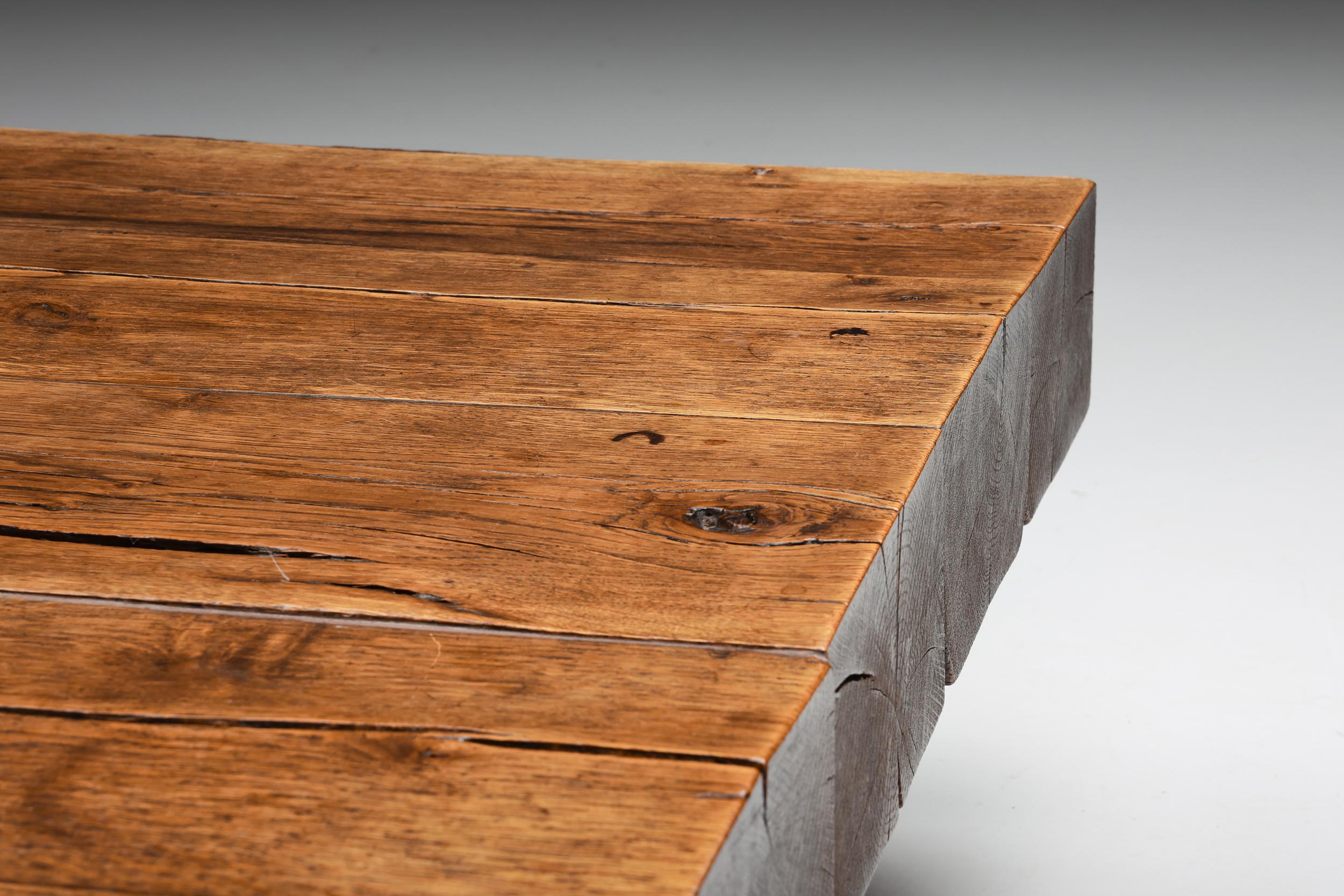 Rustic Square Wabi Sabi Wooden Coffee Table, France, 1950's